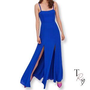 Fame and Partners Cameron Dress Royal Blue Spaghetti Strap Maxi Gown Slit US 4